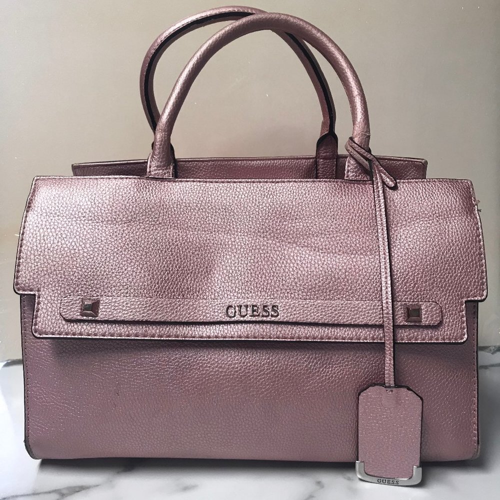 GUESS METALLIC PINK FAUX LEATHER SATCHEL BAG